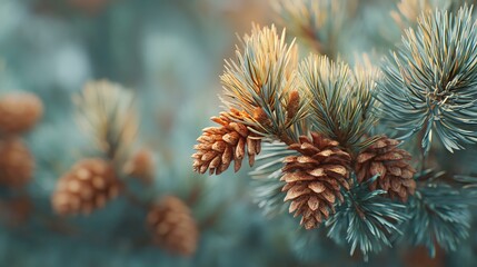 A close-up view of pine cones nestled among green pine needles, showcasing the beauty of nature in a serene and tranquil setting, ideal for nature enthusiasts and botanical studies