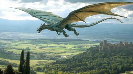 Fototapeta premium A majestic, teal-colored dragon gliding through a picturesque landscape featuring rolling green hills and distant mountains. Below, a medieval castle sits nestled among lush forests, with dramatic clo