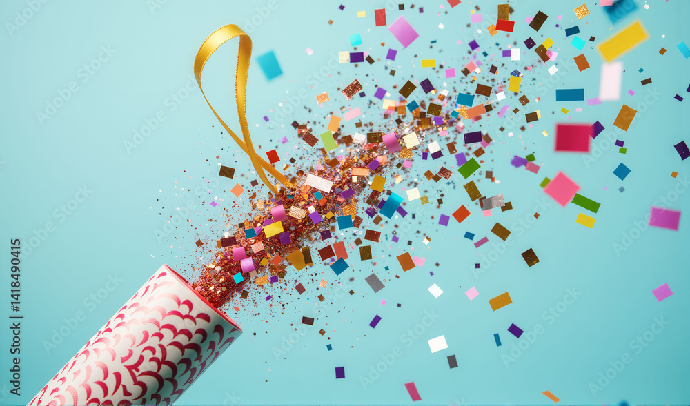 Poster a colorful explosion of confetti is falling from the sky, with a yellow ribbon tied to the top of a 