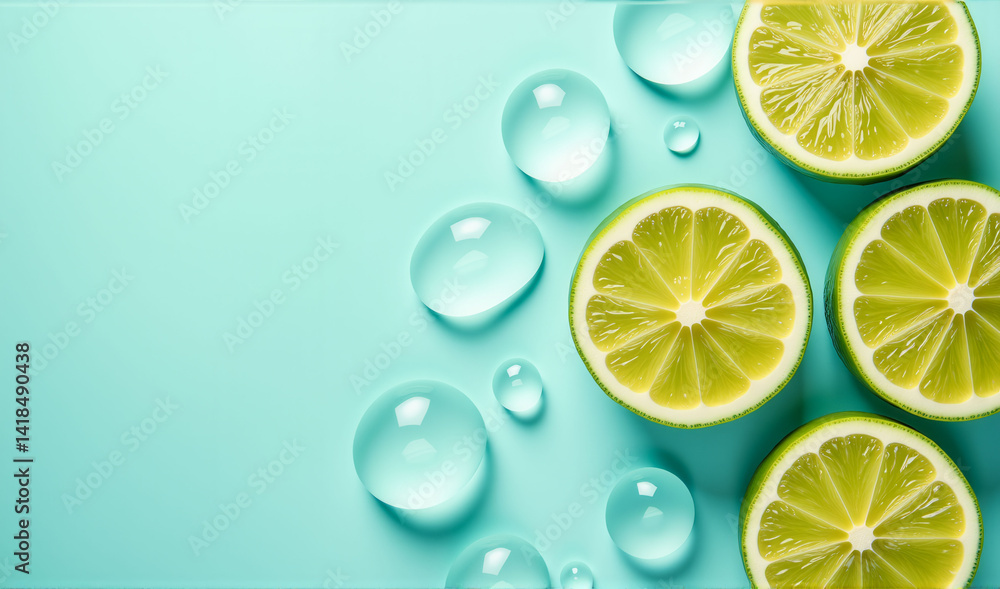 Poster a close up of a lime with water droplets surrounding it. the lime is cut in half and the water dropl