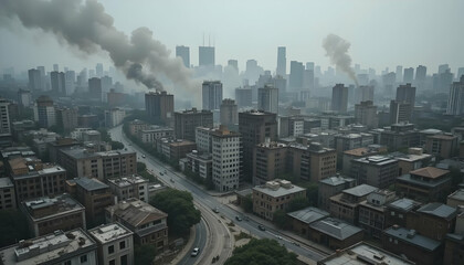Cityscape with Smoke Emissions Over Buildings on Overcast Day