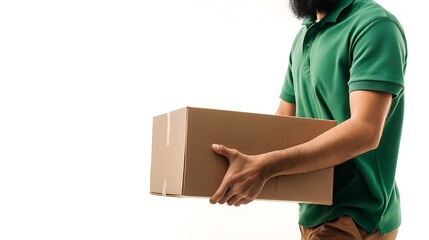 Bearded Arabian Courier is Wearing Green Polo Shirt, Standing While Bringing Cardboard Box, Isolated on White Background : Suitable for Be Used in Content Related to Logistic Theme.
