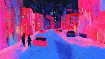 Neon Night Drive Two figures stroll past cars on a city street painted in bold pinks and blues