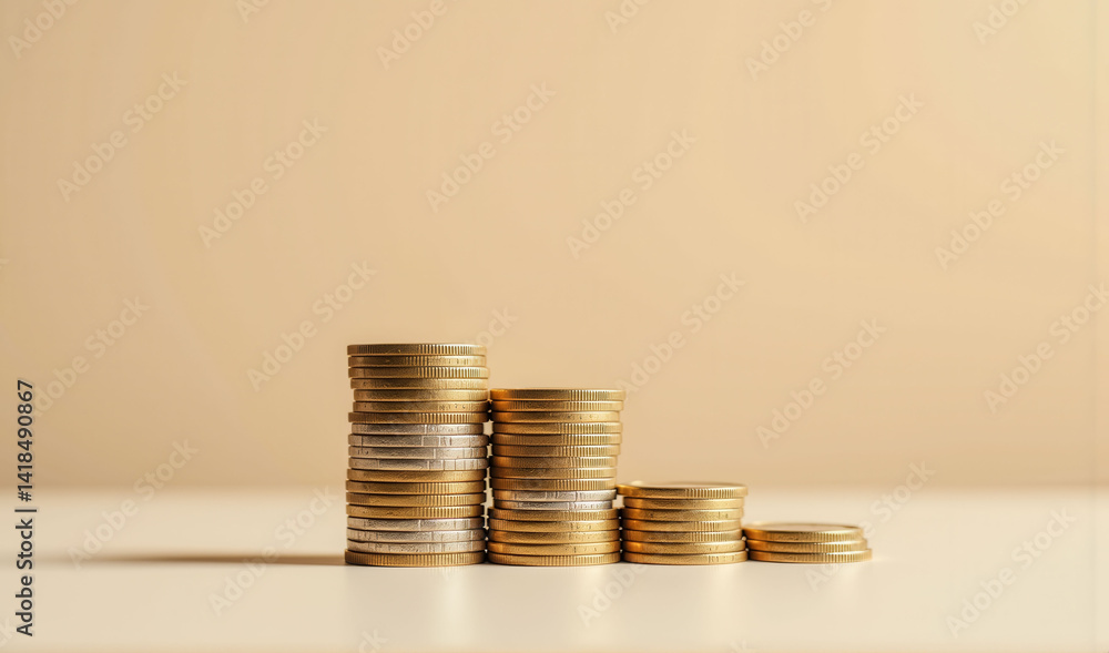 Poster a stack of coins with a white background. the coins are of different sizes and colors. concept of we
