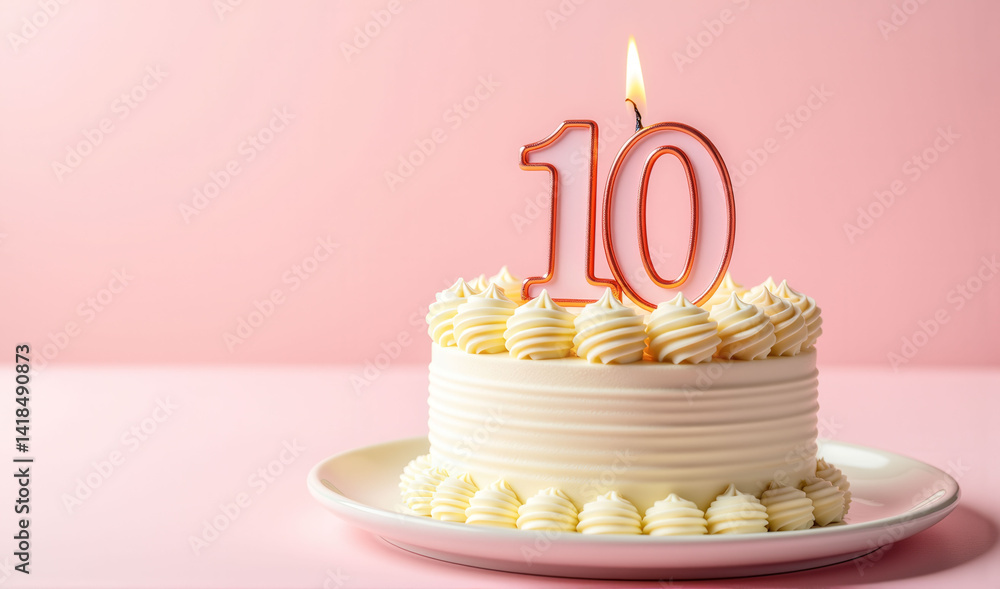 Poster a cake with a lit candle on it with the number 10 on it. the cake is on a white plate and is sitting