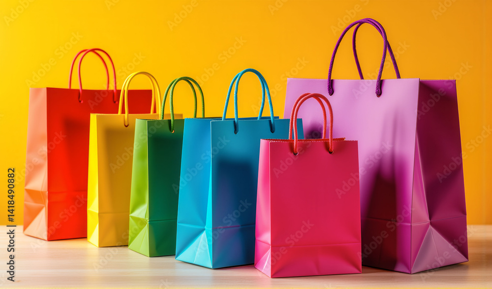 Poster a row of colorful shopping bags are displayed on a table. the bags are of different colors and sizes