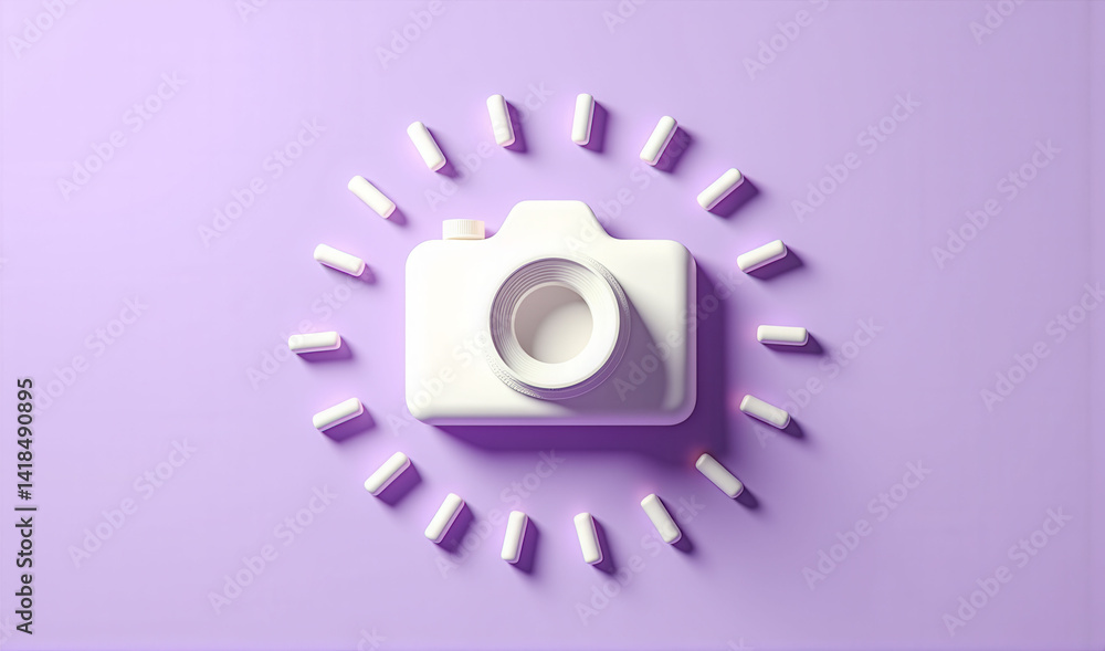 Poster a white camera is surrounded by a circle of small white objects. the camera is the focal point of th