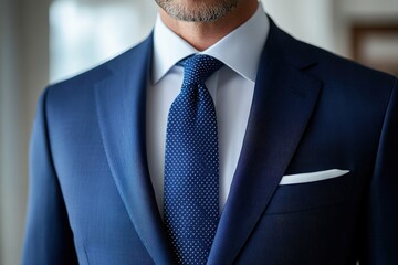 Close-up of a man in a navy blue suit and crisp white shirt