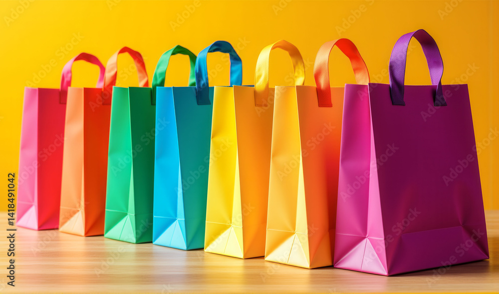Poster a row of colorful shopping bags are lined up on a table. the bags are of different colors and sizes,