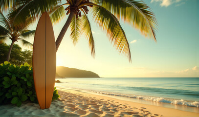 A surfboard is on the beach next to palm trees. The beach is empty and the sky is clear
