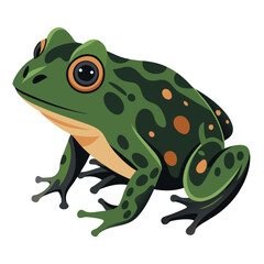 A textured, moss-like frog with dark blotches and suction-cup toes is isolated against a stark white background.
