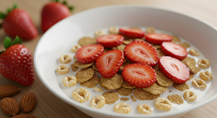 Bowl Of Healthy Breakfast Cereal Topped With Fresh Sliced Strawberries