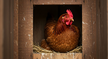 Hen In A Rustic Wooden Coop Nesting Place A Rural Farm Scene