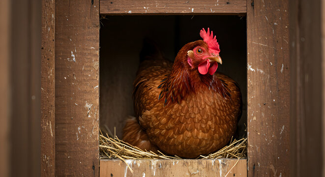 Hen In A Rustic Wooden Coop Nesting Place A Rural Farm Scene