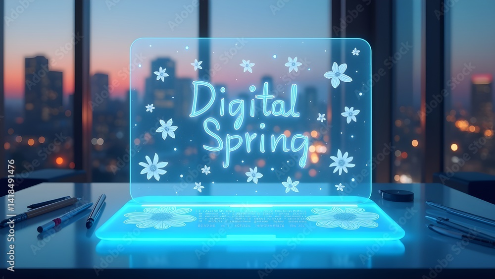 Poster modern technology: digital spring on a transparent device screen with a cityscape backdrop.