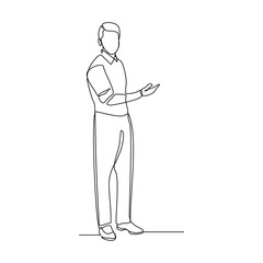 continuous single line of standing business man showing presentation gesture. Sketch drawing editable stroke vector illustration