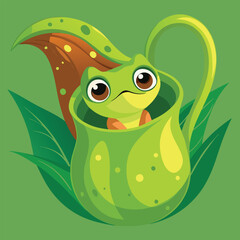 A tiny, bright green frog with large eyes peeks out from inside a curved, veined pitcher plant against a soft green backdrop.