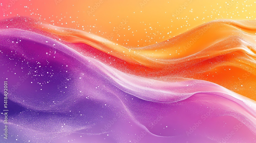 Poster vibrant orange and purple waves flow smoothly with sparkling particles creating a dreamy mood perfec