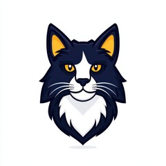 Fototapeta premium Stylized cartoon illustration of a cat's face with dark blue fur, white chin, and vivid yellow eyes