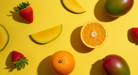 Fototapeta premium Bright And Cheerful Still Life Of Various Fresh Fruits On Yellow Backdrop