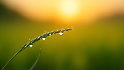 Delicate Dewdrops on Grass Blade at Sunrise
