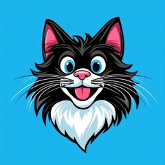Obraz premium Cartoon illustration of a black cat with blue eyes and a white chest patch on a blue background