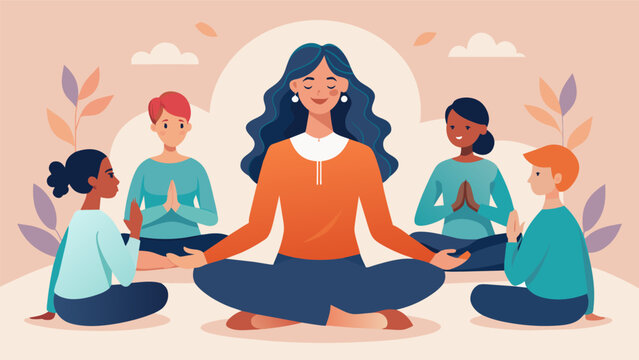 A woman leads a group of individuals in a guided meditation her soothing voice and gentle hand gestures helping them connect with their inner selves.. Vector illustration