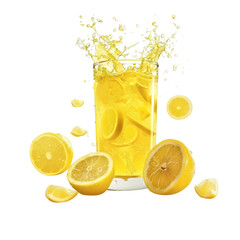 Refreshing Lemonade Splashing in a Glass Surrounded by Fresh Lemons on Transparent Background