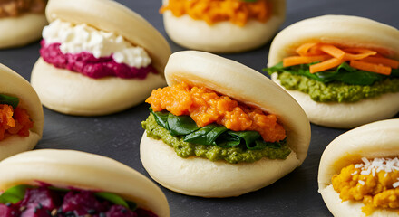 Assortment Of Vegetarian Bao Buns With Colorful Fillings On Dark Background