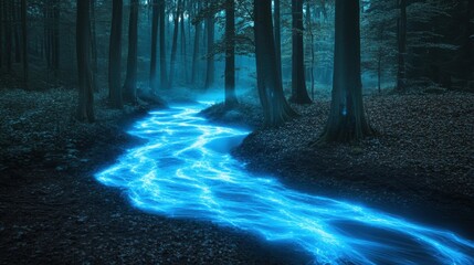 Fototapeta premium A mysterious forest scene featuring a narrow river illuminated with vibrant blue light, winding through tall trees and dense underbrush. The environment is shrouded in a calm, ethereal fog, casting a 