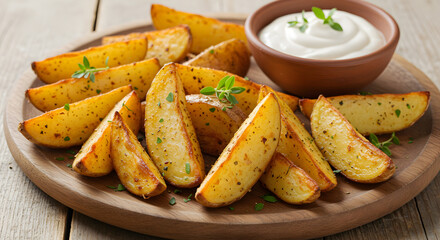 Golden Potato Wedges Served with Creamy Garlic Dip on Rustic Board