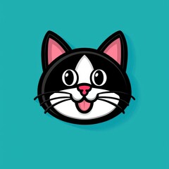 Obraz premium Cartoon illustration of a playful cat with black and white face, pink ears, and tongue sticking out