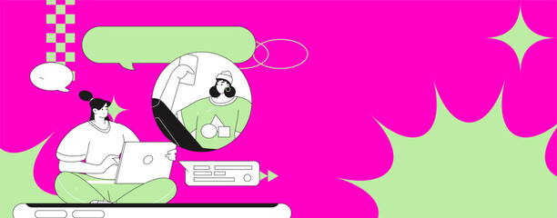 Virtual characters social communication concept business flat vector hand drawn illustration
