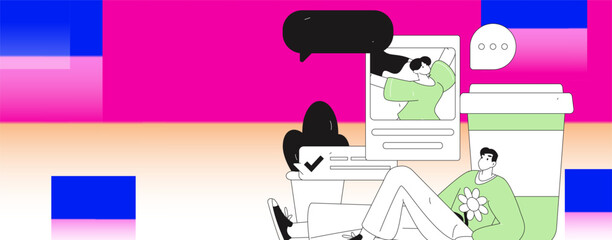 Virtual characters social communication concept business flat vector hand drawn illustration
