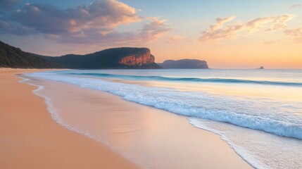 A serene beach at sunset with soft waves lapping against the golden sandy shore, framed by lush green cliffs and a distant mountain range under a sky adorned with fluffy clouds painted in warm hues of