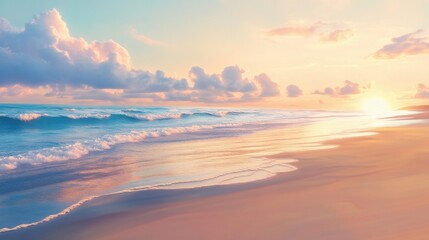 Fototapeta premium Serene sunset over a tranquil beach, with gentle waves lapping at the shore, creating a peaceful ambiance. The sky is painted in soft pastel hues of pink, orange, and blue, reflecting on the water's s