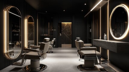 Luxurious, modern barbershop interior design.