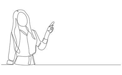 continuous single line of standing business woman showing presentation gesture. Sketch drawing editable stroke vector illustration