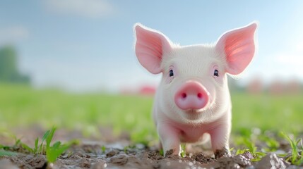 Piglet in Mud Natural Style High-resolution Vibrant Lighting Front View Soft Fur Exploring Pasture Sunny Meadow Pink and Green Hues Farm Animal Advertising