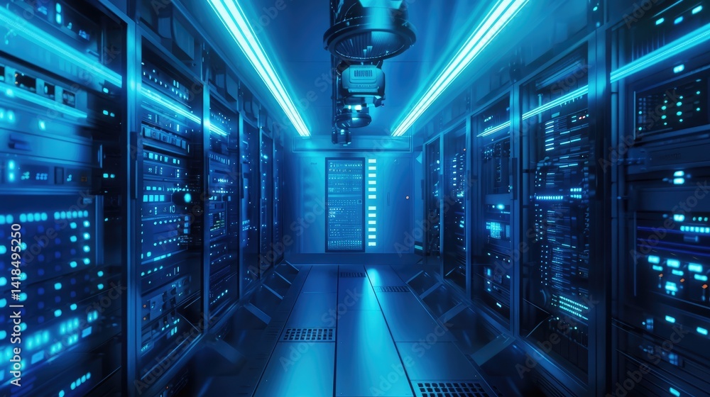 Poster A sleek, modern data center illuminated with blue LED lights. The scene showcases advanced server racks and a high-tech environment designed for optimal data processing and storage.