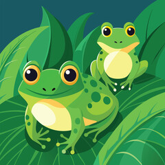 Two vibrant green frogs with striking eyes rest peacefully on a large, textured leaf.