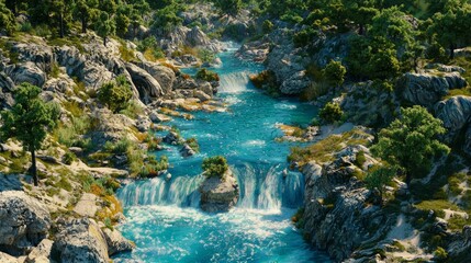 Fototapeta premium Serene River Flowing Through Lush Green Landscape with Waterfalls and Rocky Terrain in a Picturesque Natural Setting