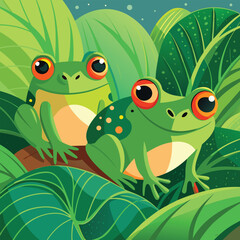 Two vibrant green frogs with striking eyes rest peacefully on a large, textured leaf.