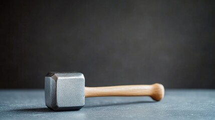 A sturdy, metallic hammer rests on a gray surface.  The head is square, and the handle is light-colored wood