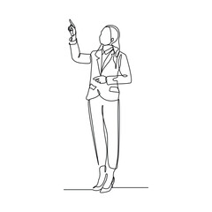 continuous single line of standing business woman showing presentation gesture. Sketch drawing editable stroke vector illustration