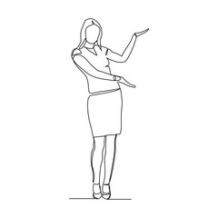 continuous single line of standing business woman showing presentation gesture. Sketch drawing editable stroke vector illustration