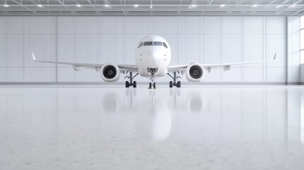 Airplane in Hangar Modern Minimalist Style High-resolution Front View Reflective Floor Parked Aircraft Clean, Bright Setting Ideal for Aviation Marketing