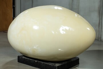Large, smooth, pale yellow egg-shaped sculpture on a dark base