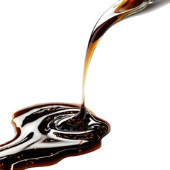 Rich and Glossy Brown Sauce Dripping Slowly Across a White Surface with Reflection and Glossy Texture, isolated transparent background