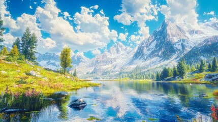 Fototapeta premium Majestic Mountain Landscape Reflecting on Calm Lake with Lush Greenery and Blue Sky Filled with Fluffy Clouds